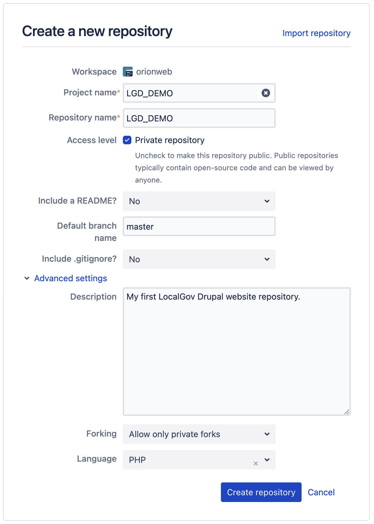 Bitbucket: Create new repository