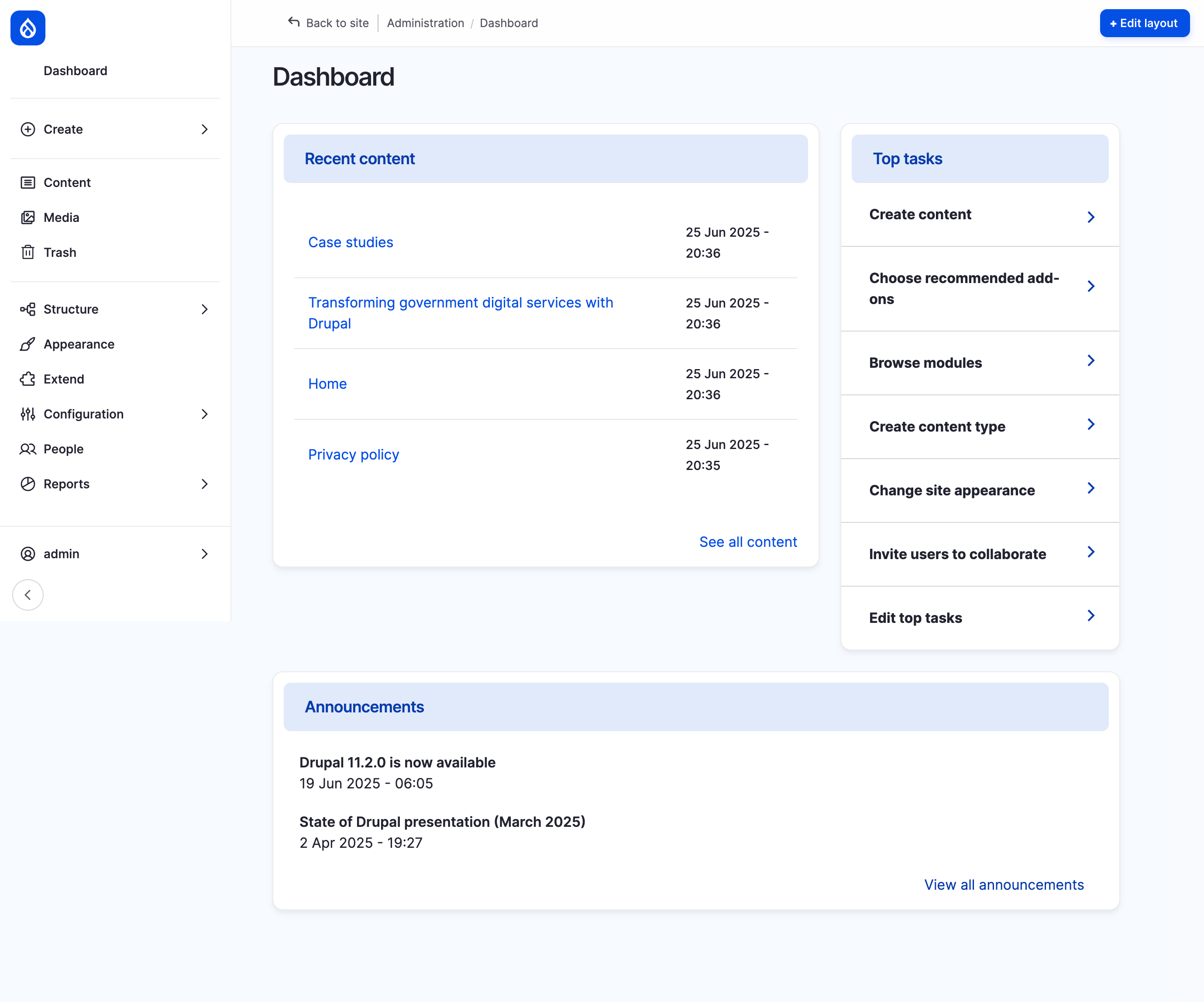 New Drupal CMS Dashboard