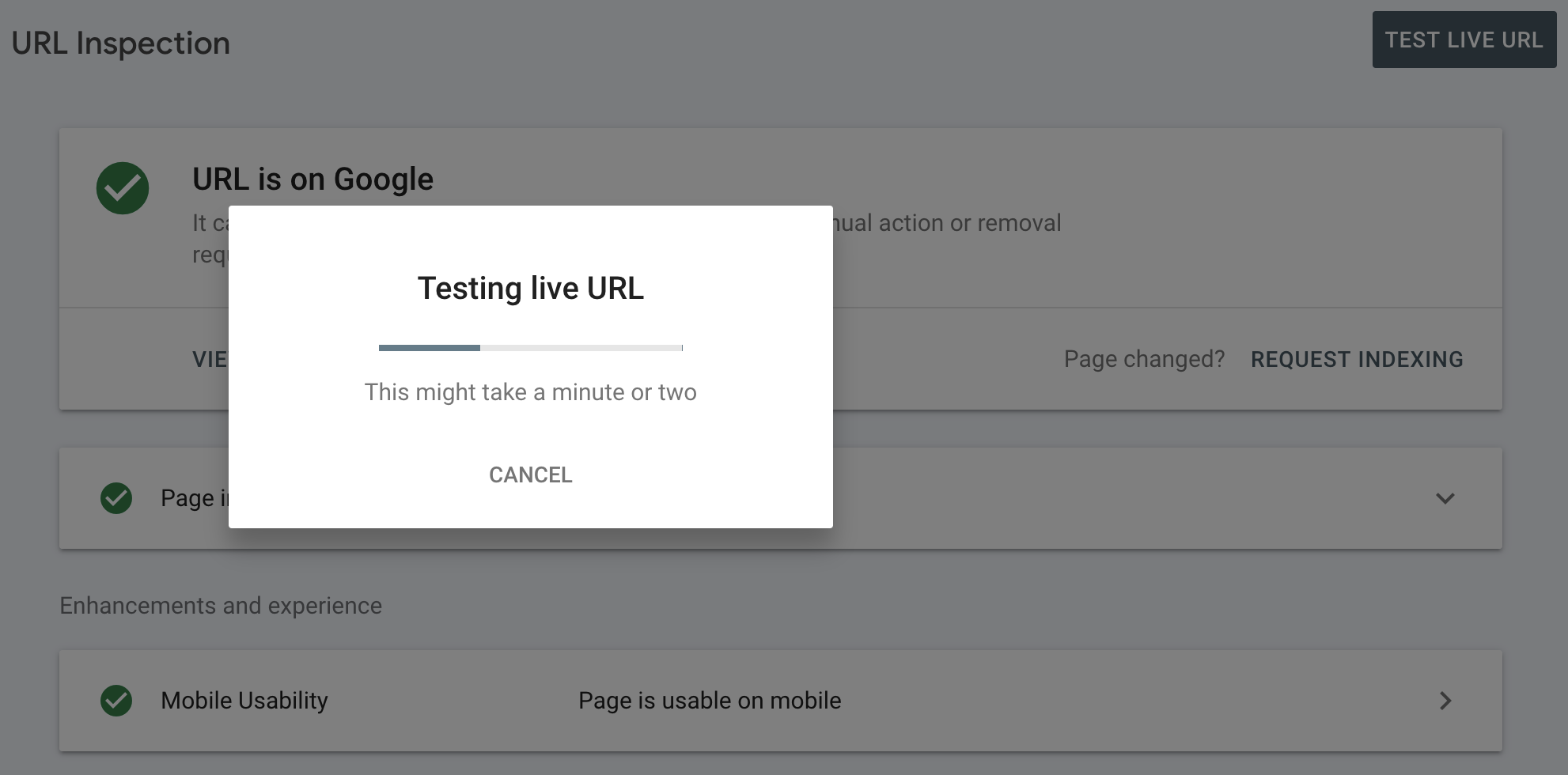 Google Search Console - URL live testing