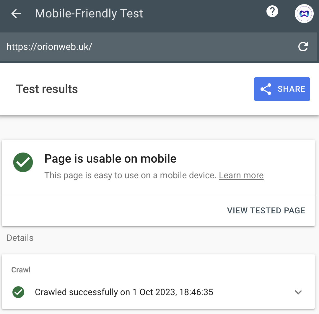 SEO Fundamentals Guide: Google Mobile-Friendly test for ORION WEB website