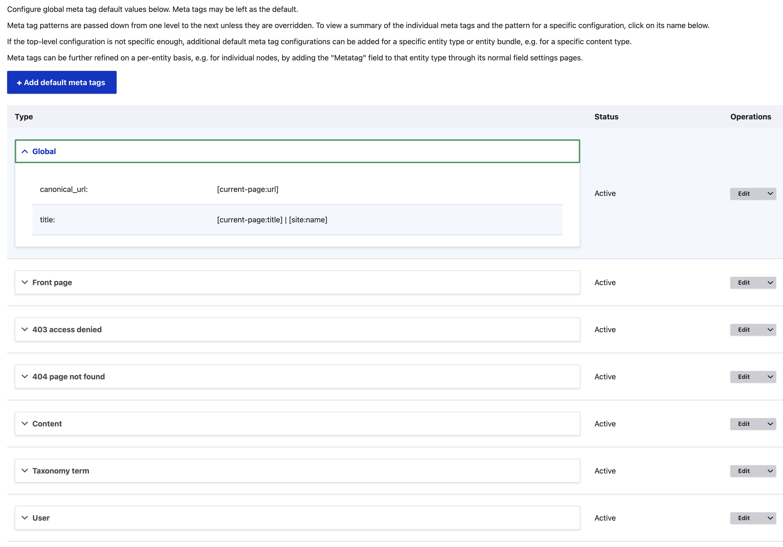 Metatag module - Configuration screen