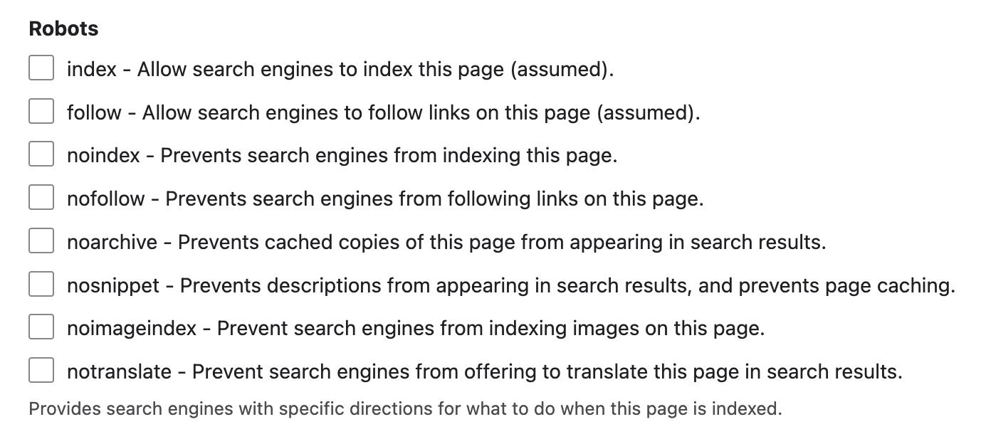 Drupal metatag module - Robots settings