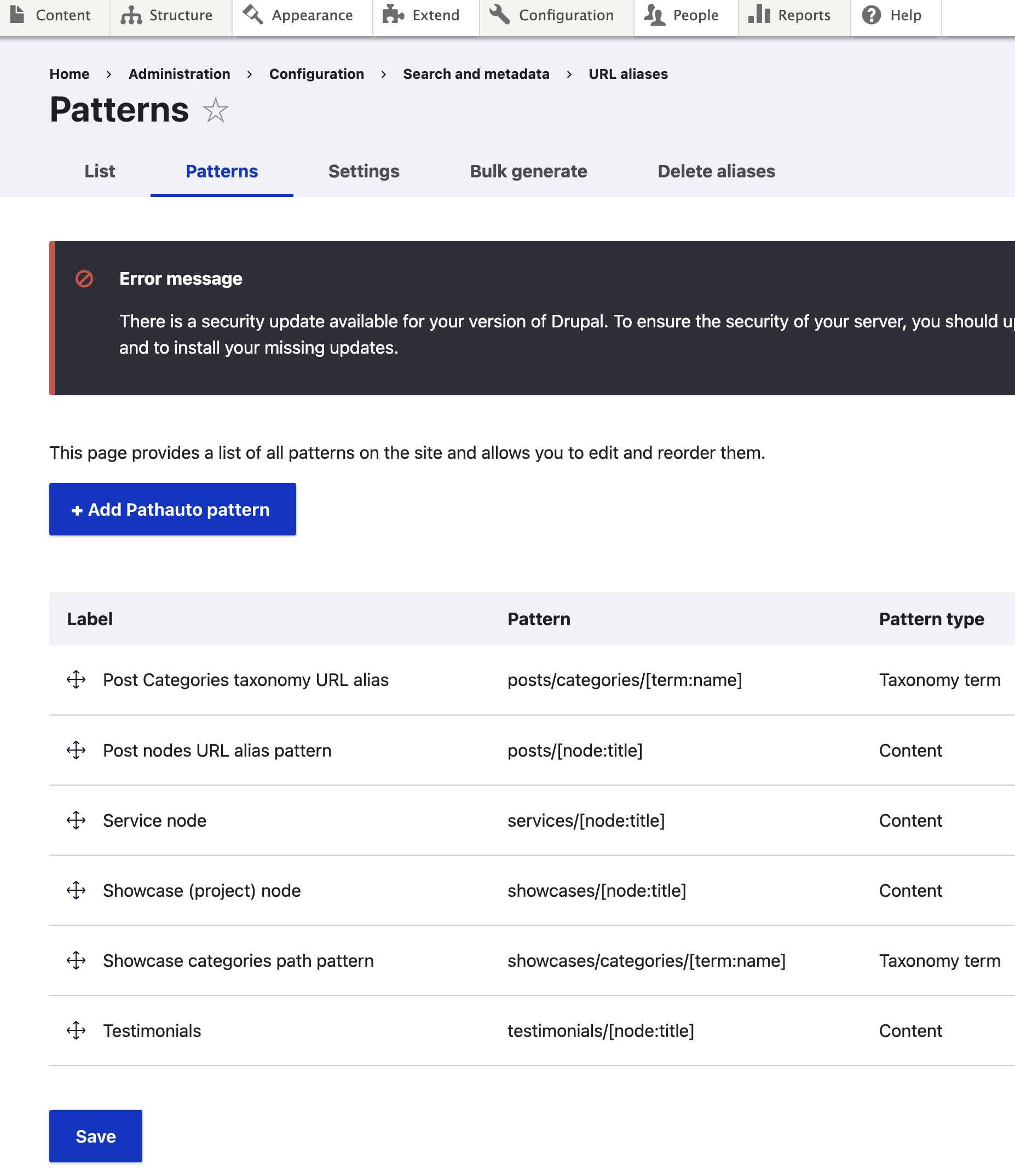 Drupal Pathauto module - Patterns configuration page