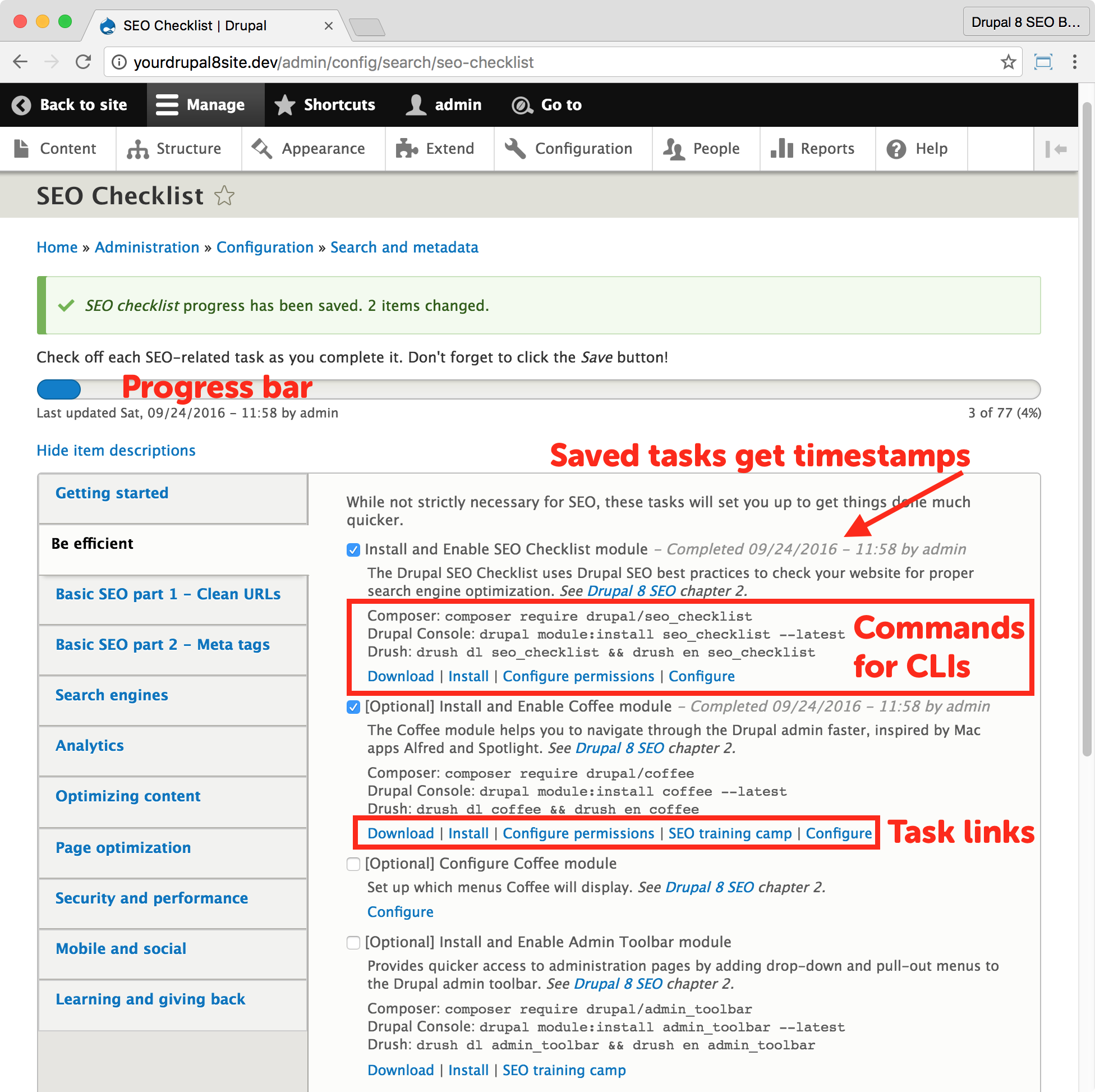 Drupal SEO modules: SEO Checklist contributed Drupal module - another configuration screen