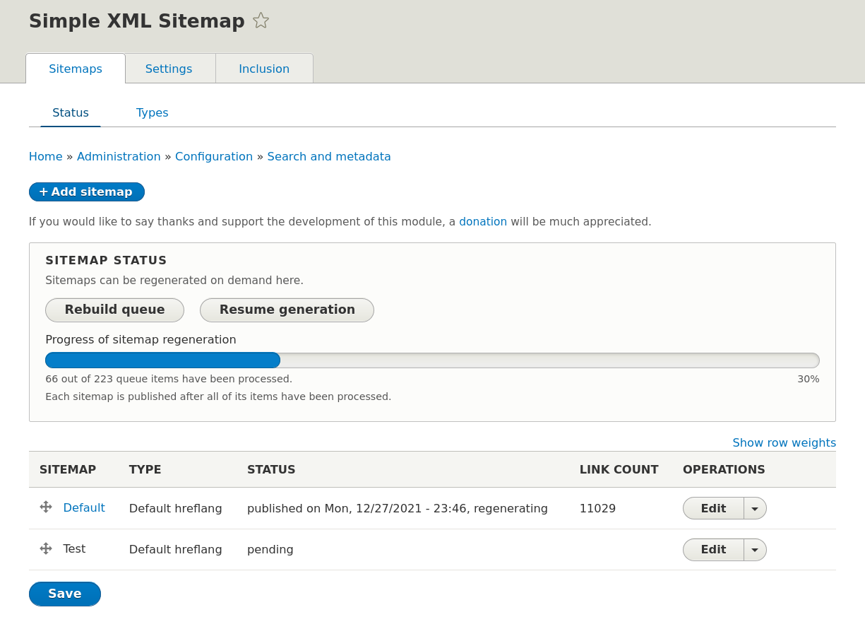 Drupal SEO modules: Simple XML Sitemap module's configuration screen 1