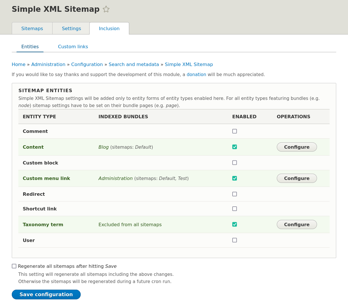 Simple XML Sitemap module's configuration screen 2