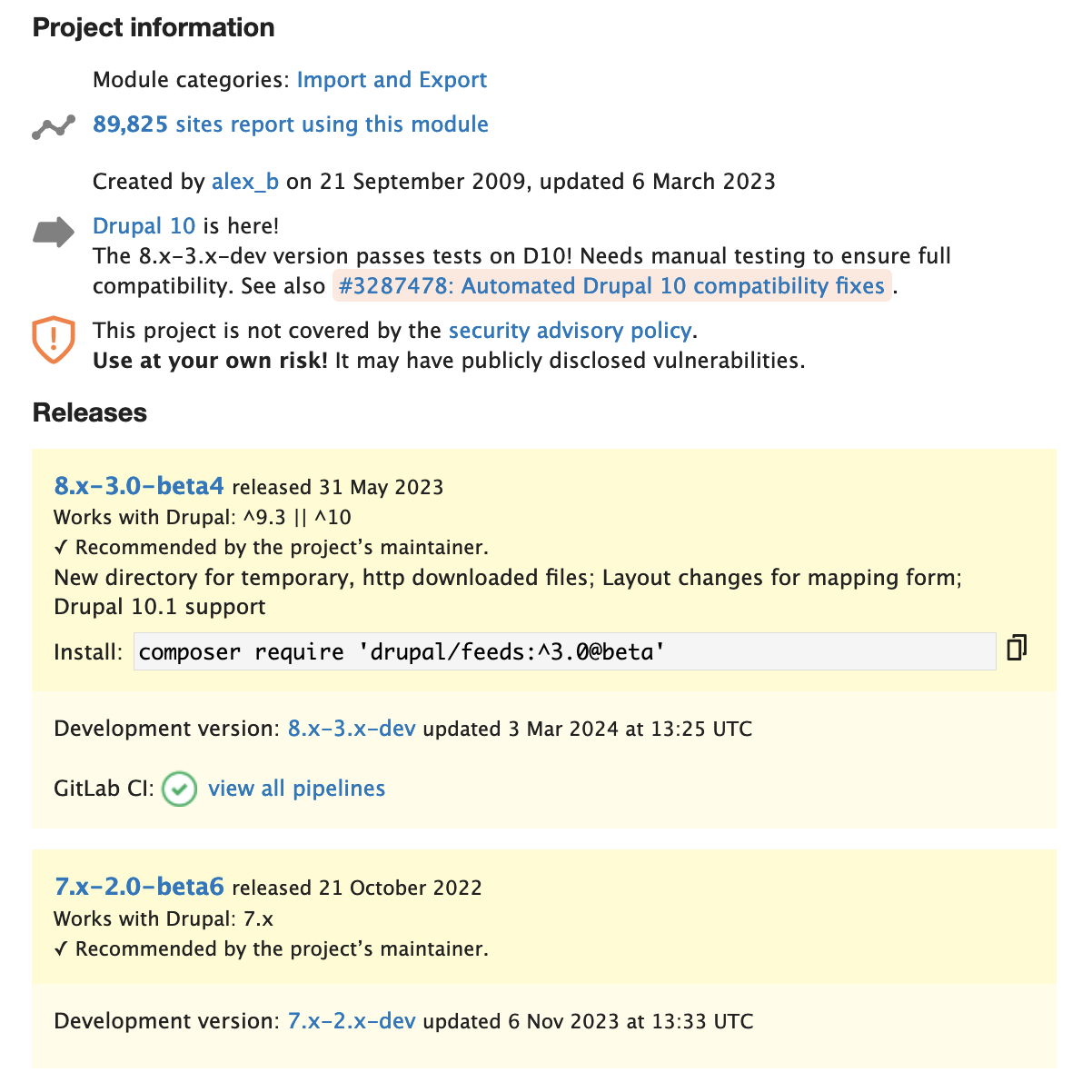 Feeds module: Project information on drupal.org