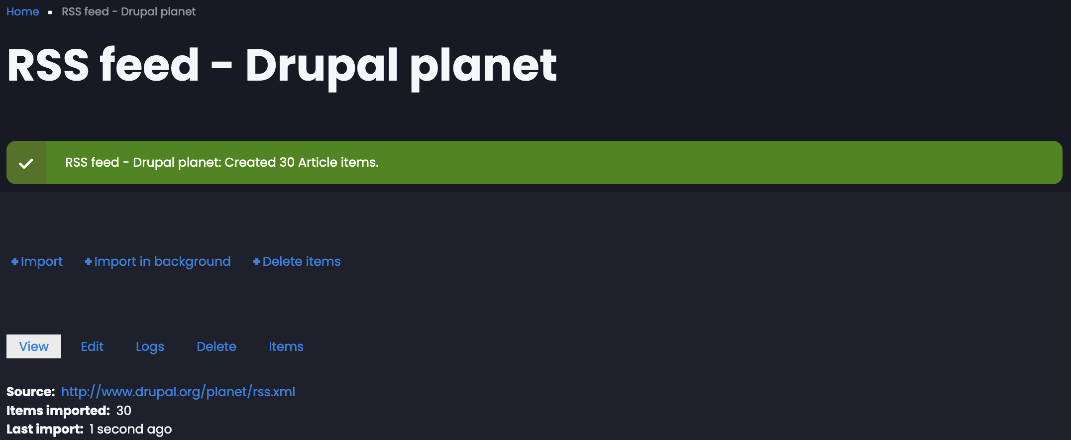 Drupal feed import confirmation screen