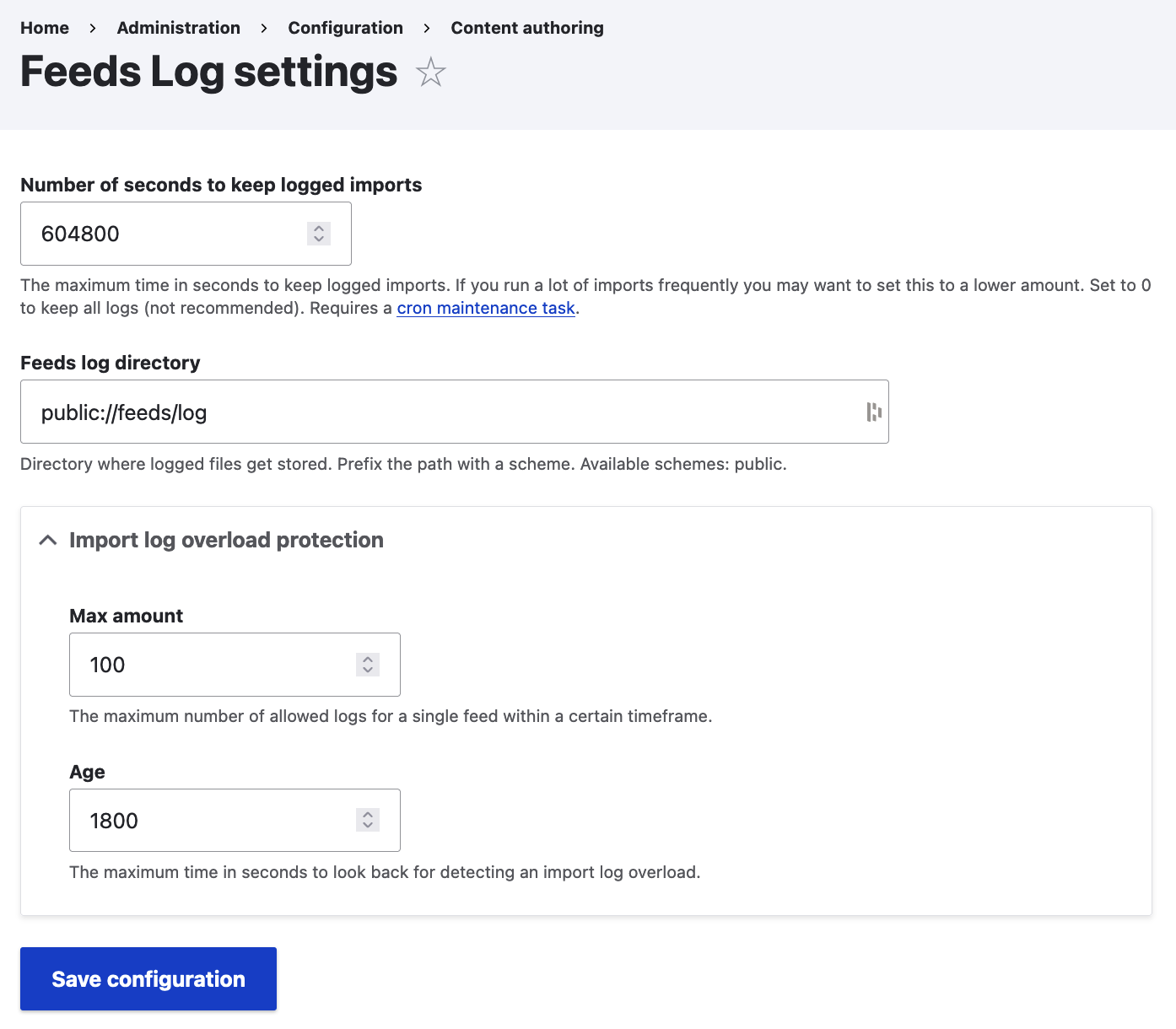 Drupal feed logs configuration screen