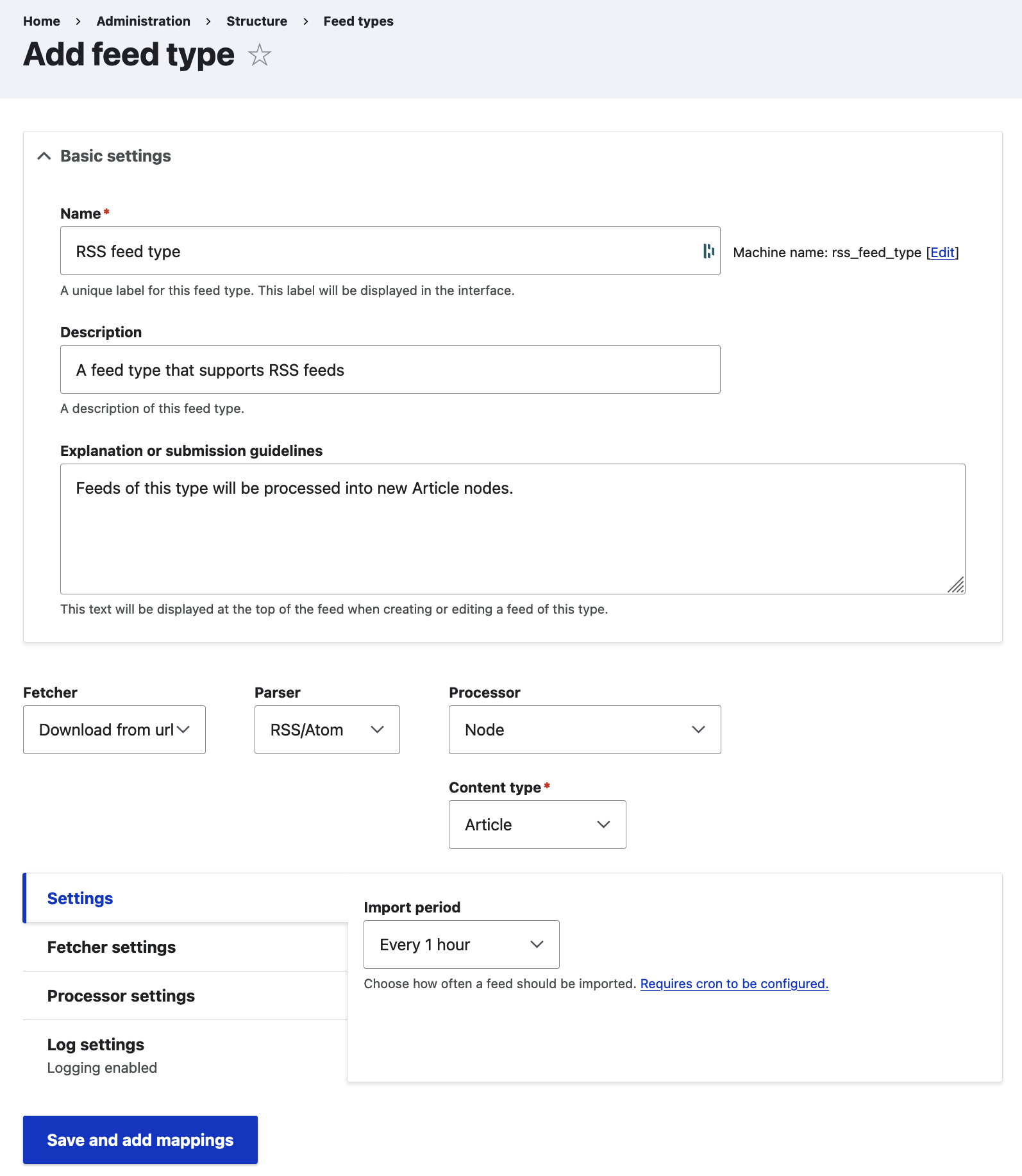 Adding new Drupal feed type - Basic Settings