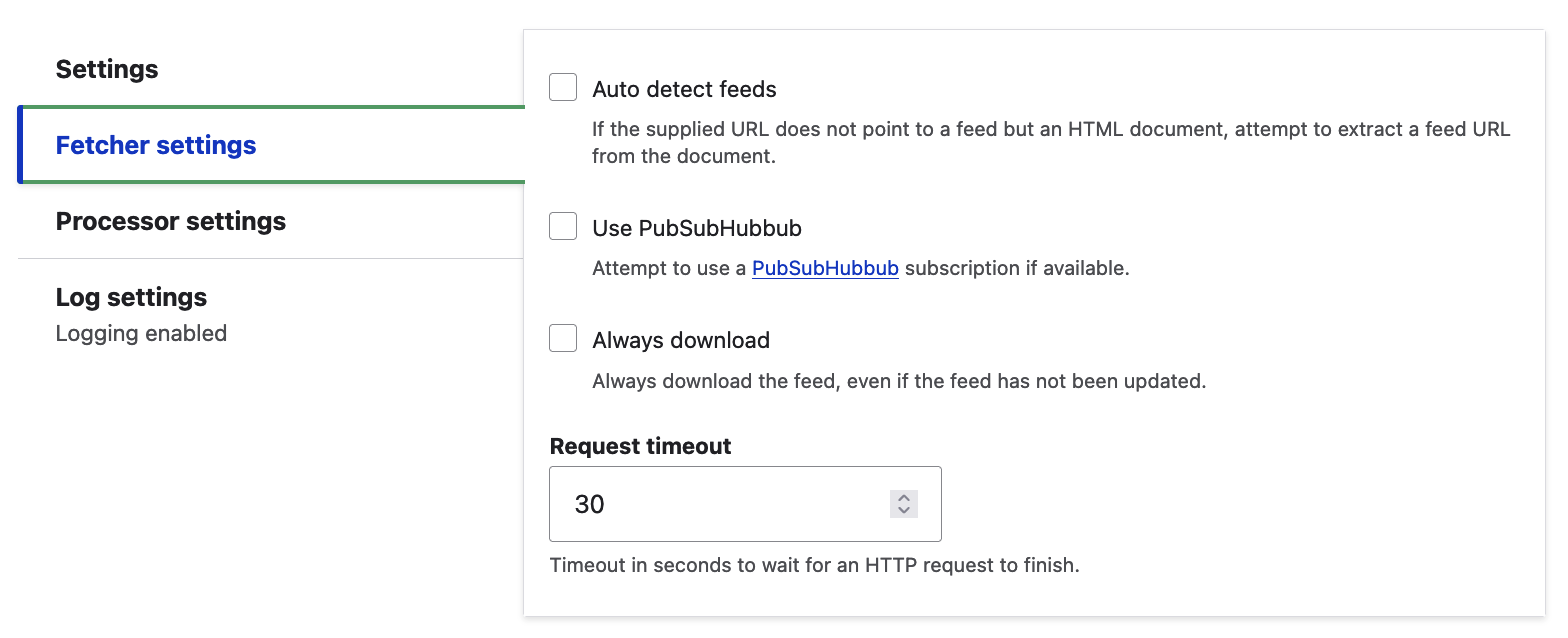 New Drupal feeds type: Fetcher settings