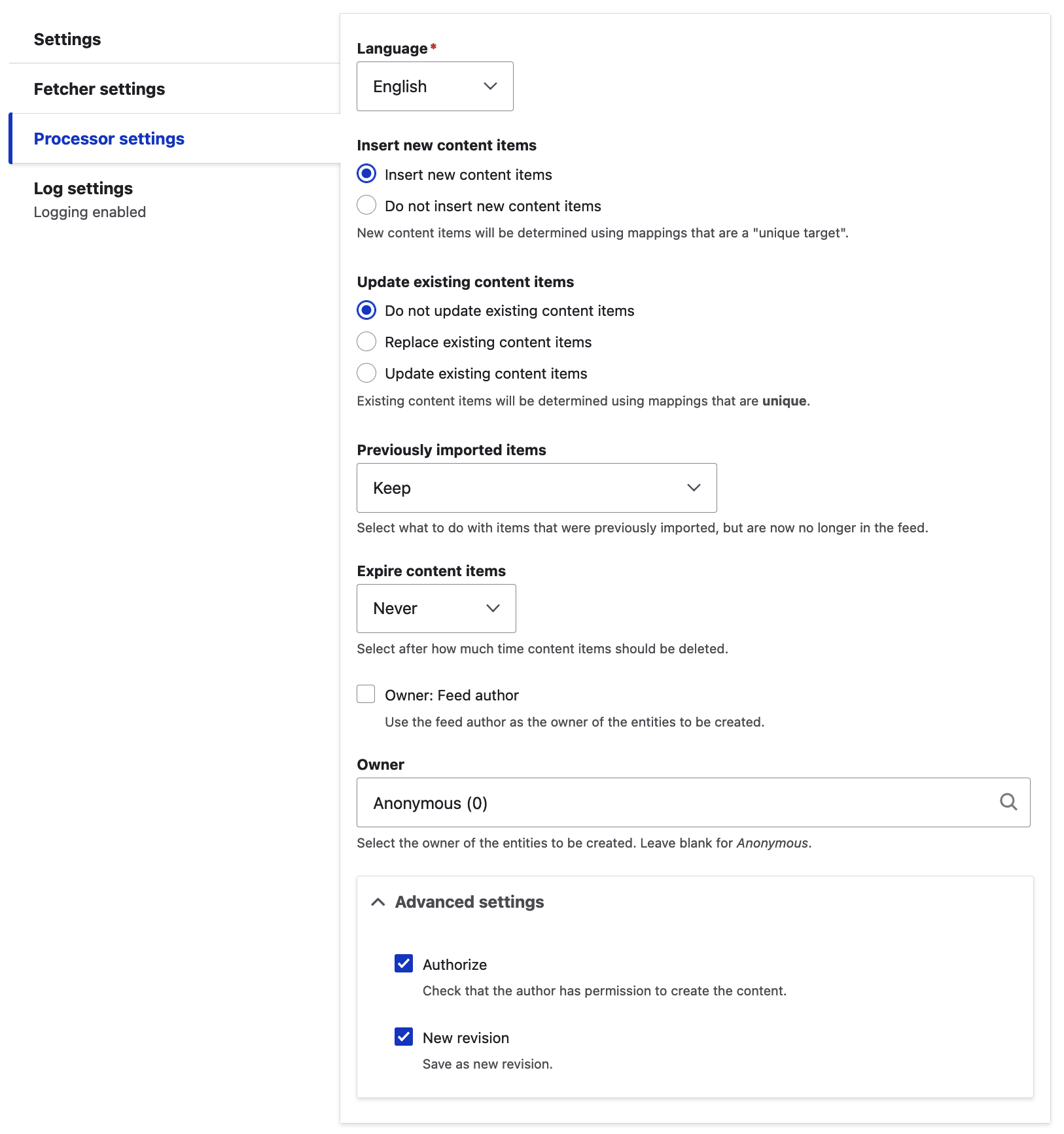 New Drupal feeds type: Processor settings