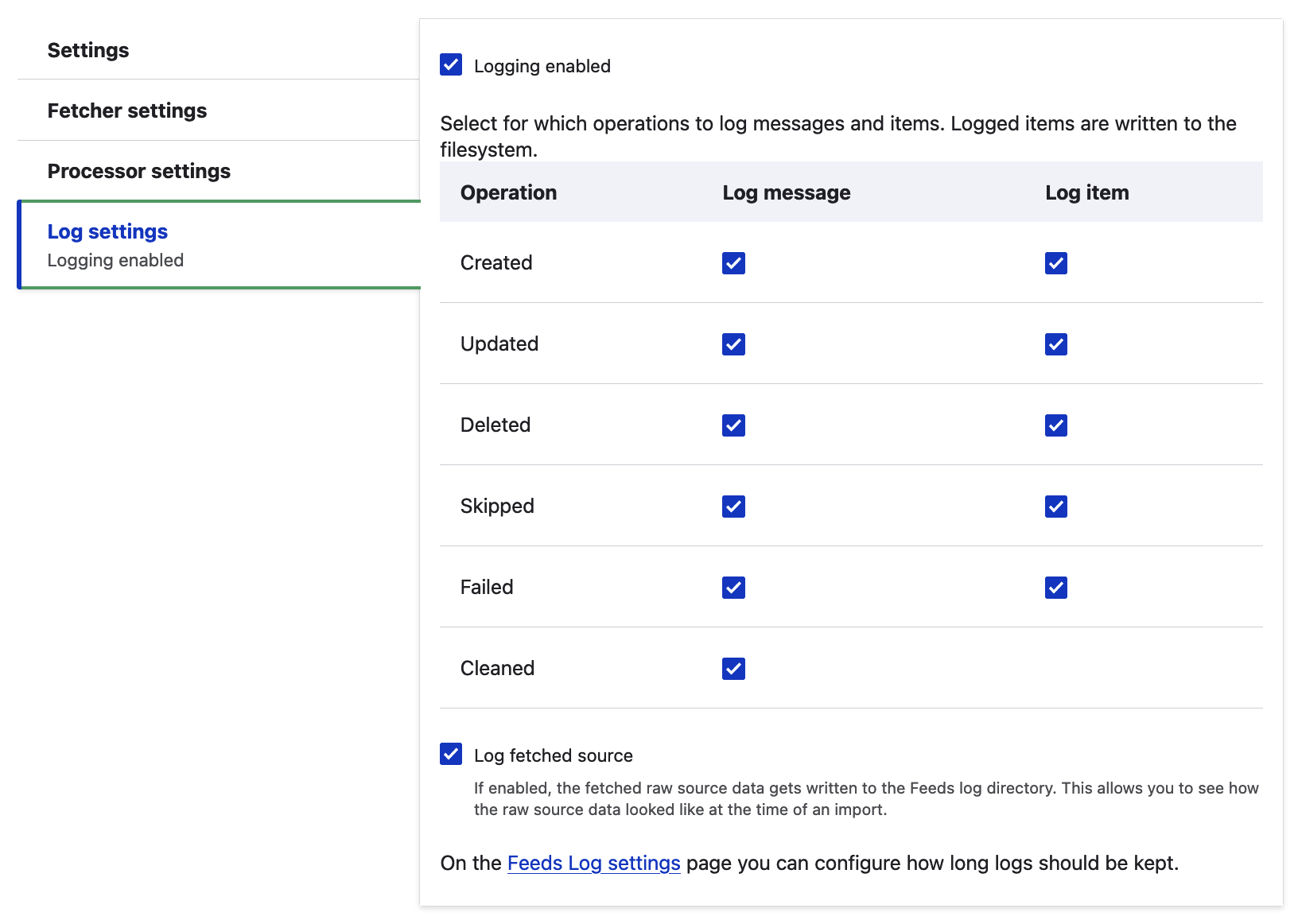 New Drupal feeds type: Log settings