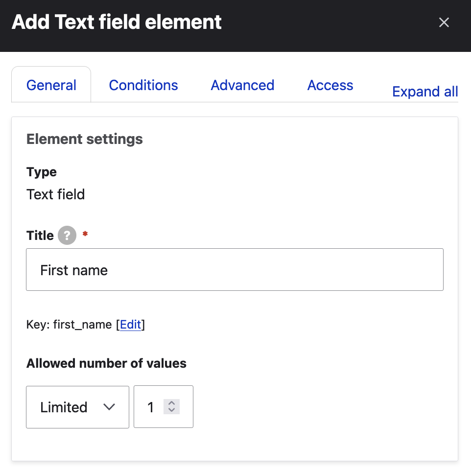 Drupal Webform add element - General settings