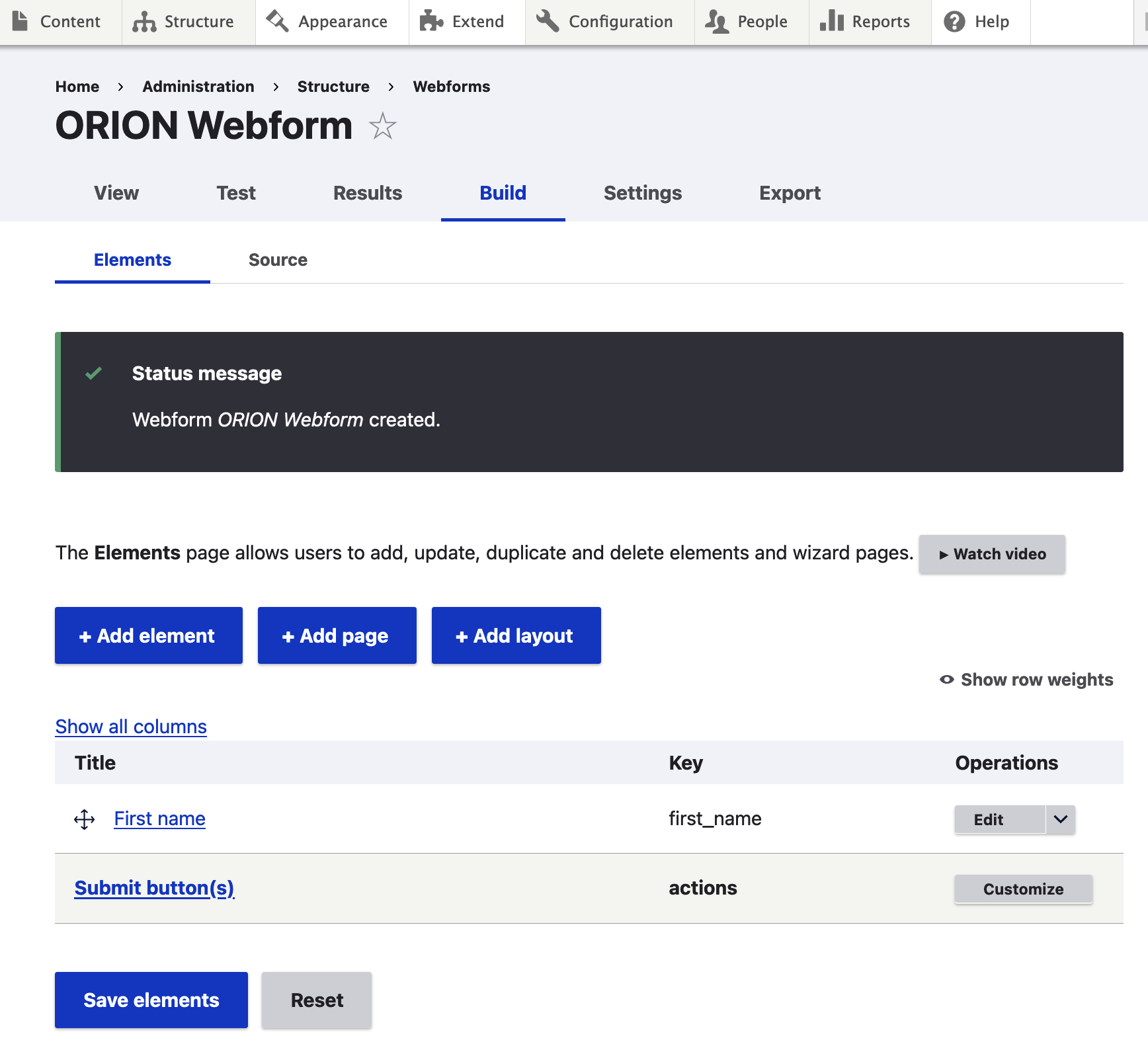 ORION webform - Build screen
