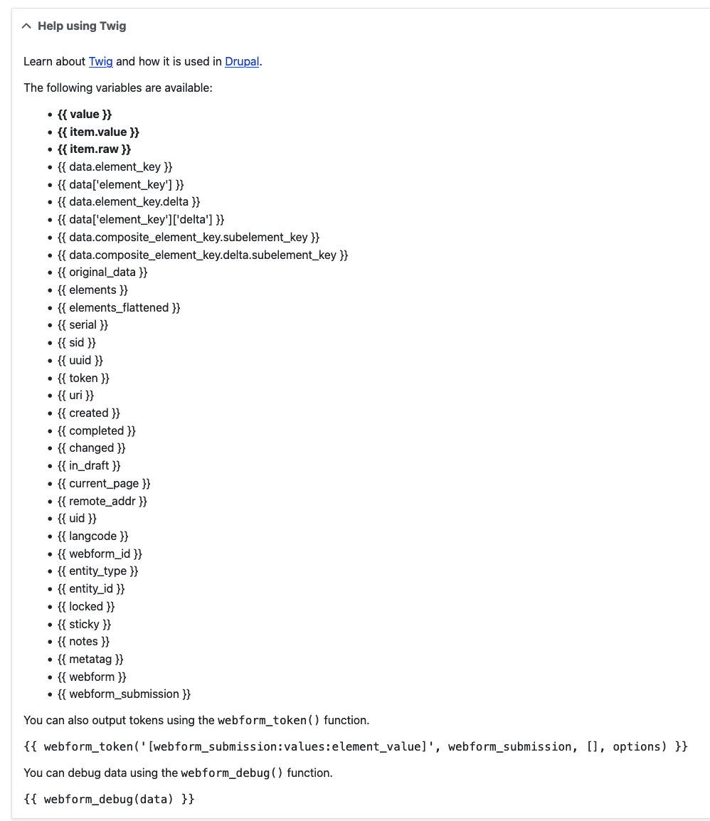 Drupal Webform element settings: Replacement Twig variables