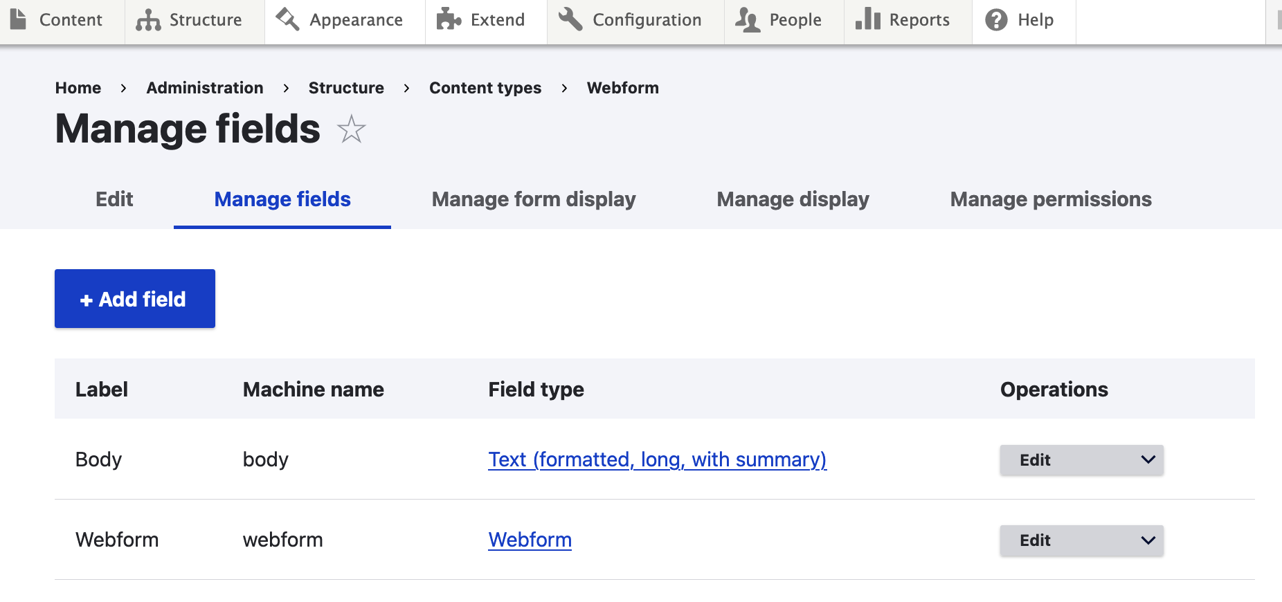 Webform content type - manage fields