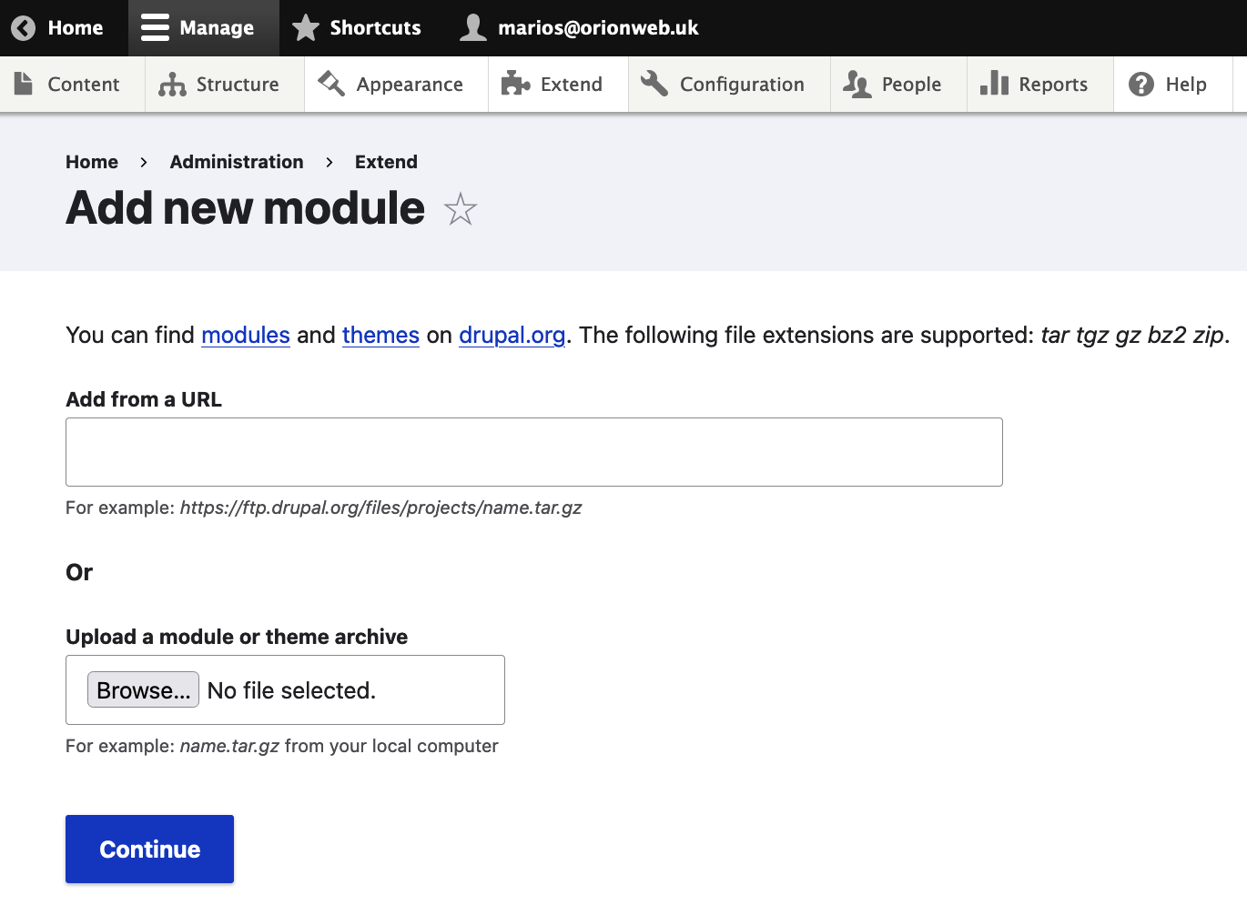 Adding a new Drupal module in the back office