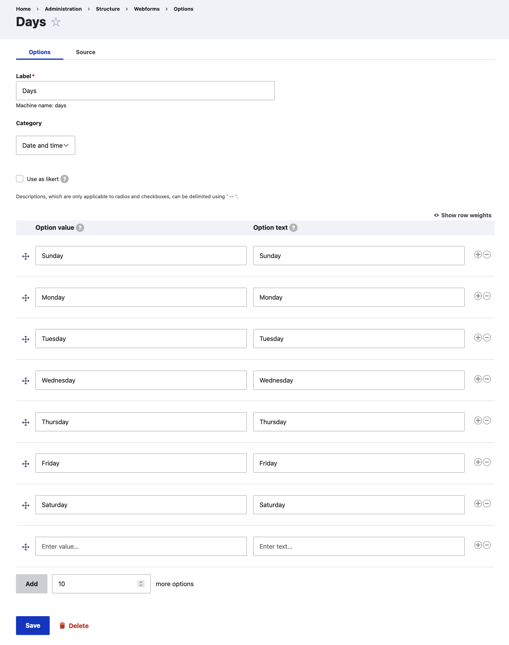 Webform Options: Days