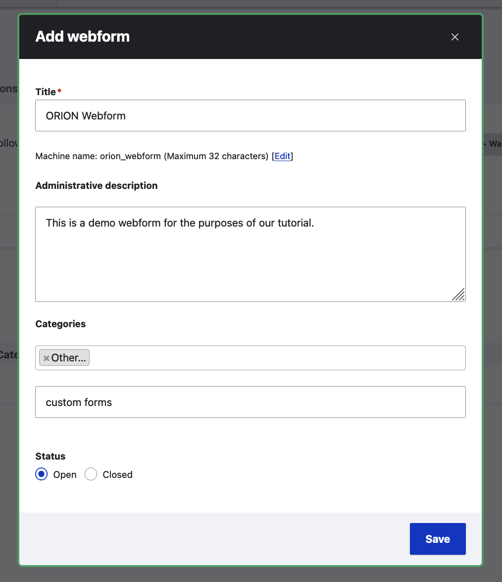 Create new Webform screen