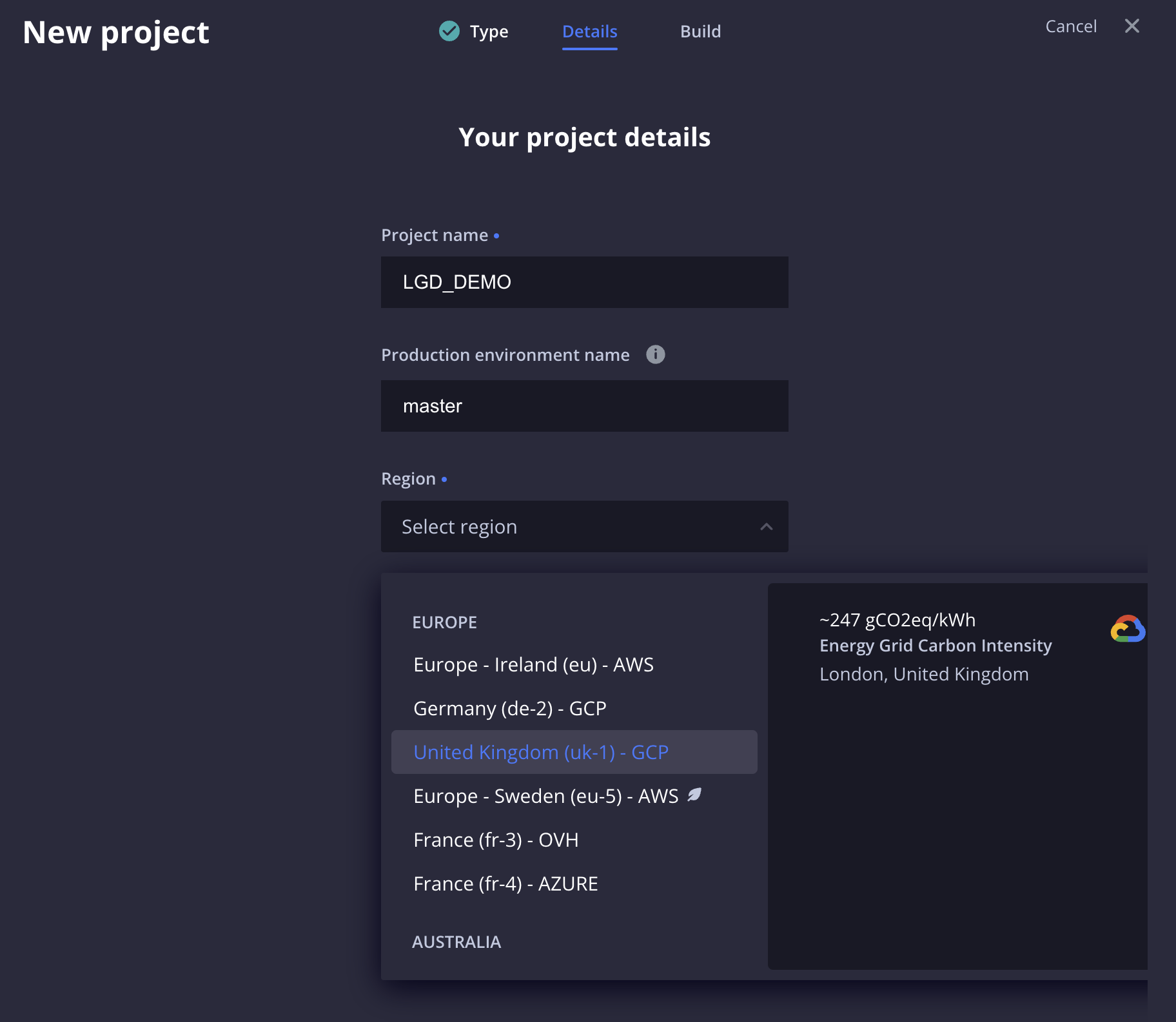 platform.sh: New project details screen