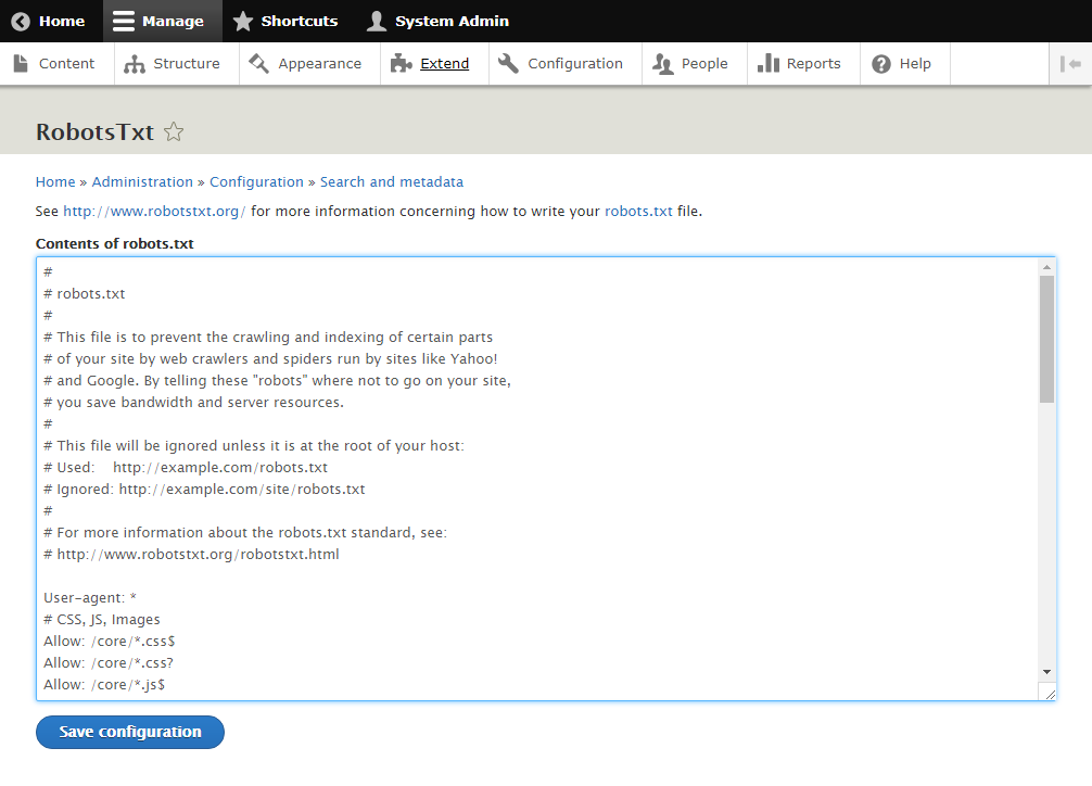 RobotsTxt module configuration screen